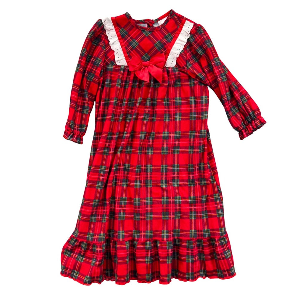 Laura Dare Girls Plaid Christmas Nightgown Size 3T Red Long Sleeve‎ Ruffle Bow